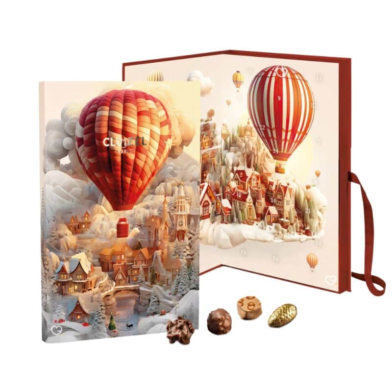 Coffret illustré voyage Calendrier de l'avent Cluizel 2024 contenant 24 délicieux chocolats