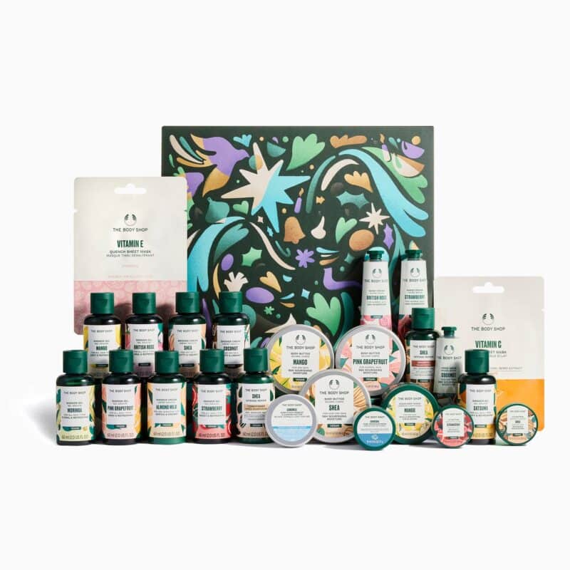 Calendrier de l’Avent The Body Shop Classique 2025 contenant 24 soins beauté naturels corps, visage, lèvres et cheveux, idéal pour beauté femme cocooning.