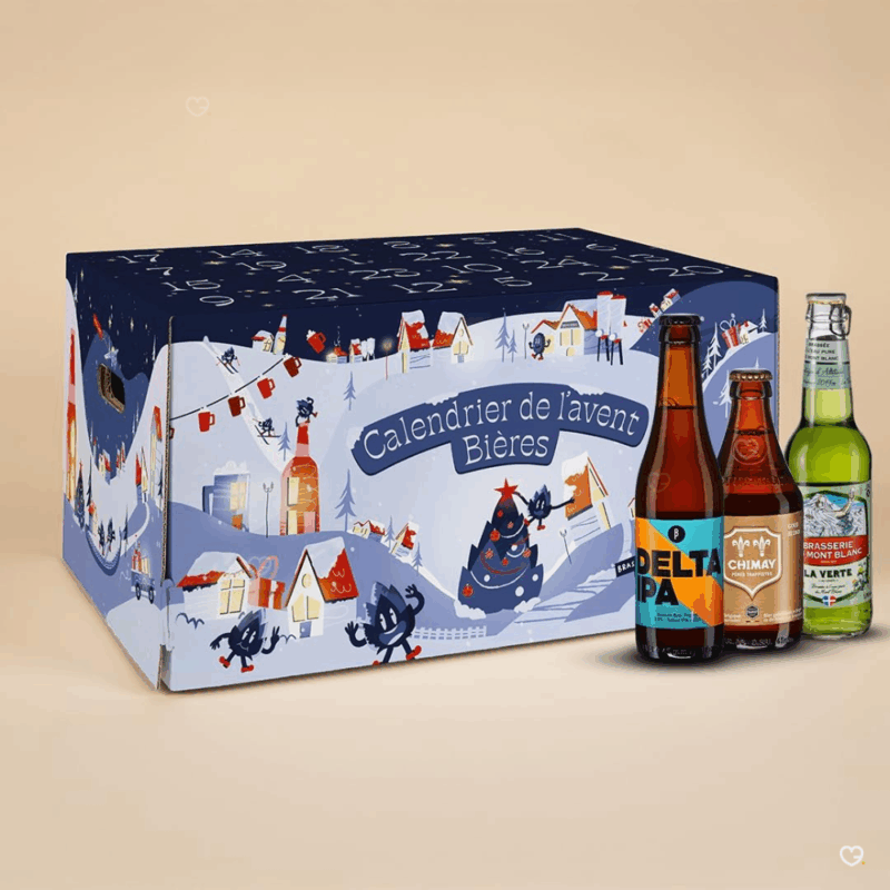 Calendrier de l’Avent V and B 2025 contenant 24 bières artisanales françaises et internationales, idéal pour amateurs de bière curieux.