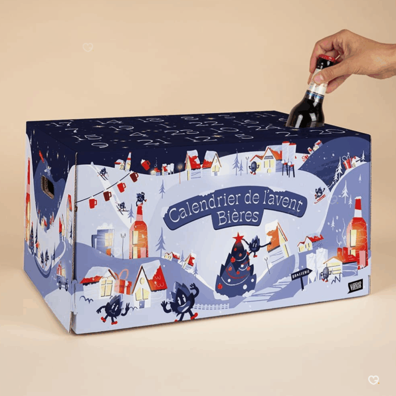 Calendrier de l’Avent V and B 2025 contenant 24 bières artisanales françaises et internationales, idéal pour amateurs de bière curieux.