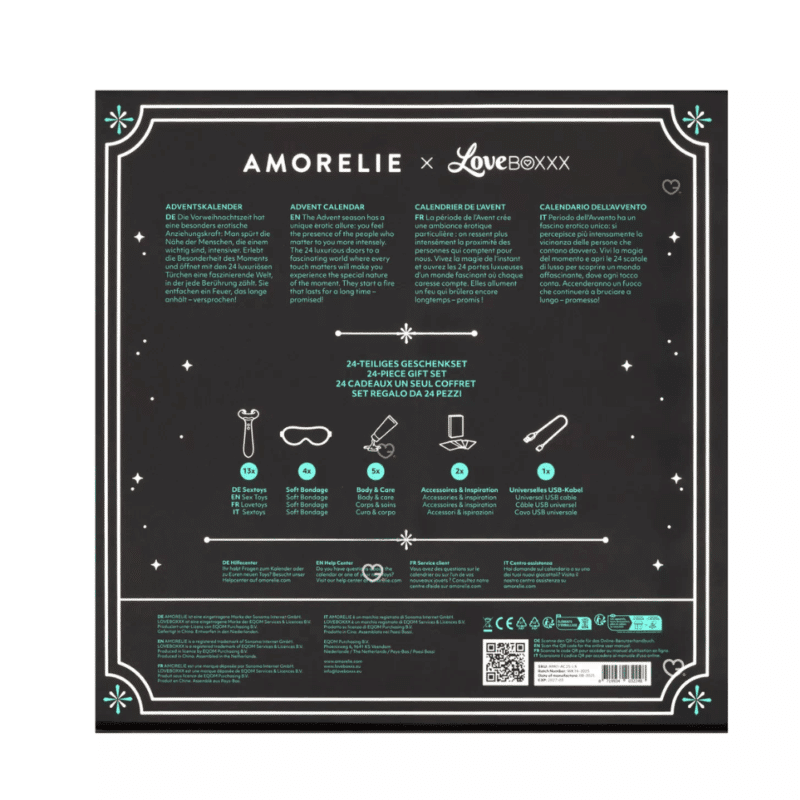 Calendrier de l’Avent Amorelie 2025, coffret érotique premium avec 24 pochons en velours renfermant sextoys et soins bien‑être pour couple, adulte, homme et femme