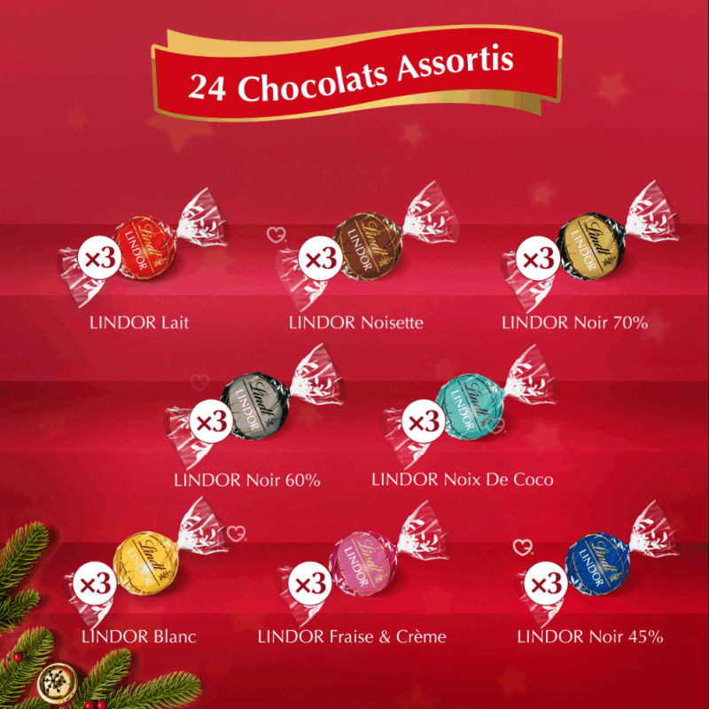 Calendrier de l'avent chocolat Lindt Lindor contenant un assortiment de 24 chocolats : Assortiment de Chocolats au Lait,Noir 45%, Noir 60%, Noir 70%, Blanc, Coco, Noisettes