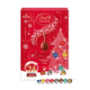 Calendrier de l'avent chocolat Lindt Lindor contenant un assortiment de 24 chocolats : Assortiment de Chocolats au Lait,Noir 45%, Noir 60%, Noir 70%, Blanc, Coco, Noisettes