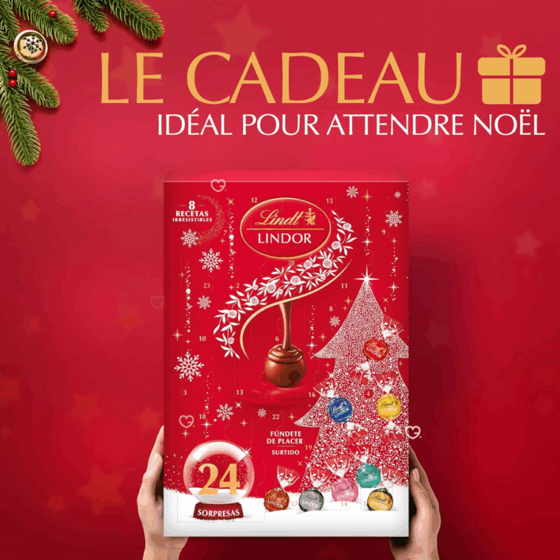 Calendrier de l'avent chocolat Lindt Lindor contenant un assortiment de 24 chocolats : Assortiment de Chocolats au Lait,Noir 45%, Noir 60%, Noir 70%, Blanc, Coco, Noisettes