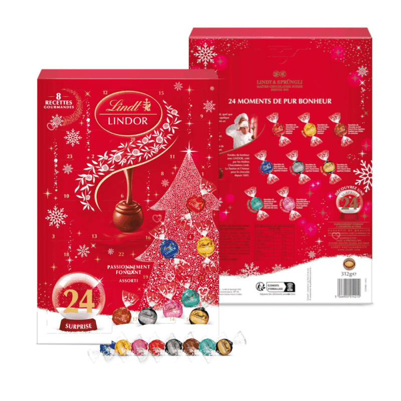 Calendrier de l'avent chocolat Lindt Lindor contenant un assortiment de 24 chocolats : Assortiment de Chocolats au Lait,Noir 45%, Noir 60%, Noir 70%, Blanc, Coco, Noisettes