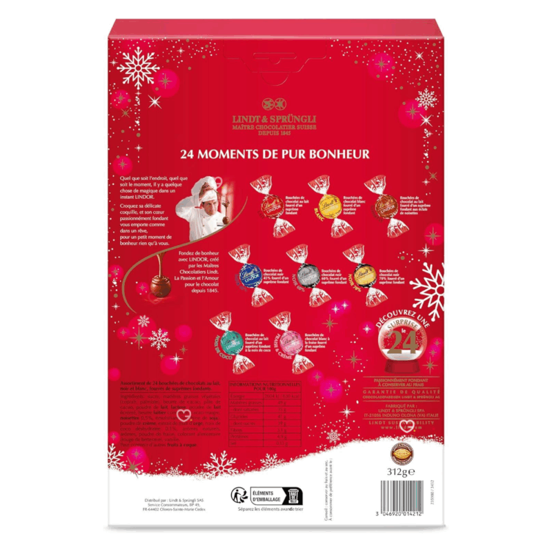 Calendrier de l'avent chocolat Lindt Lindor contenant un assortiment de 24 chocolats : Assortiment de Chocolats au Lait,Noir 45%, Noir 60%, Noir 70%, Blanc, Coco, Noisettes