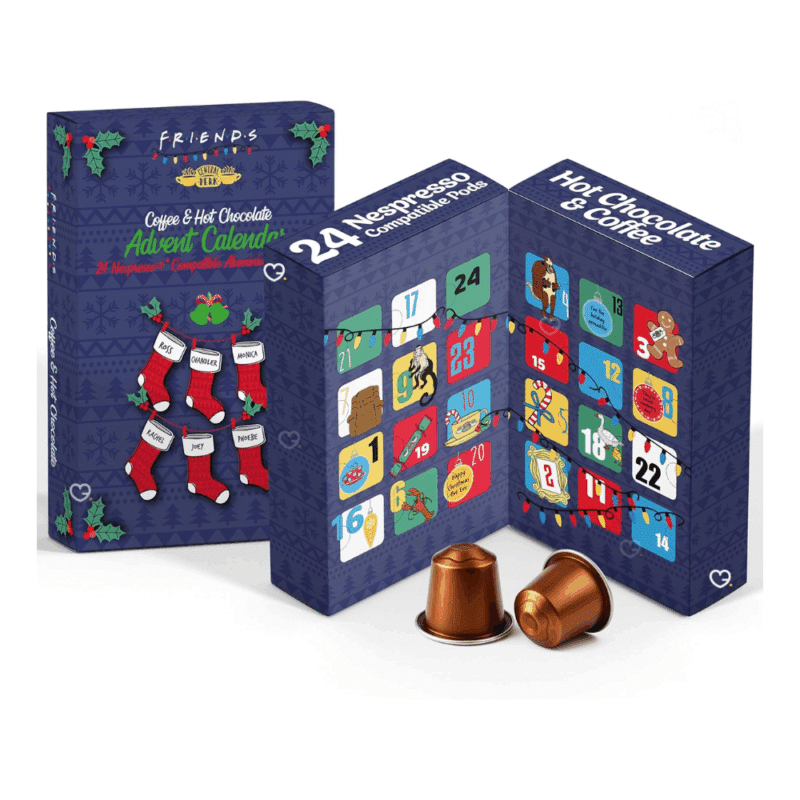 Calendrier de l’Avent Capsule Nespresso Friends 2025 avec 24 capsules café et chocolat chaud, 8 saveurs gourmandes pour fans de Friends.