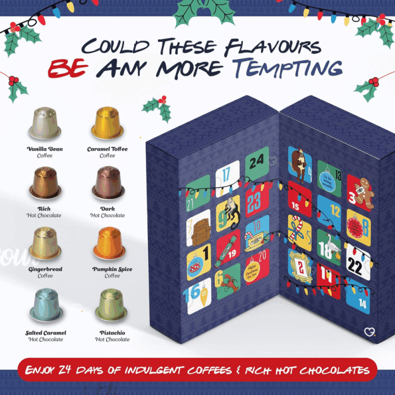 Calendrier de l’Avent Capsule Nespresso Friends 2025 avec 24 capsules café et chocolat chaud, 8 saveurs gourmandes pour fans de Friends.
