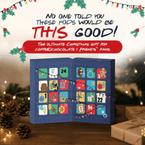 Calendrier de l’Avent Capsule Nespresso Friends 2025 avec 24 capsules café et chocolat chaud, 8 saveurs gourmandes pour fans de Friends.