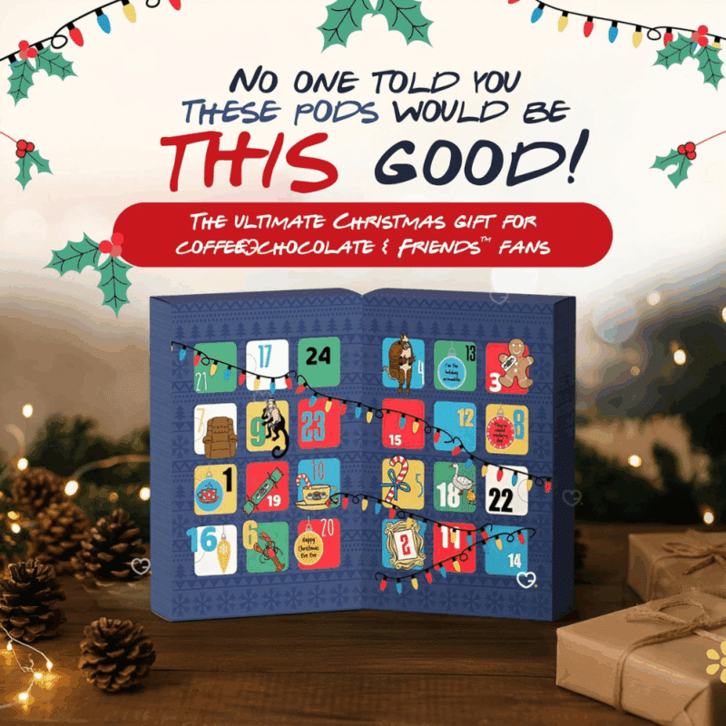 Calendrier de l’Avent Capsule Nespresso Friends 2025 avec 24 capsules café et chocolat chaud, 8 saveurs gourmandes pour fans de Friends.