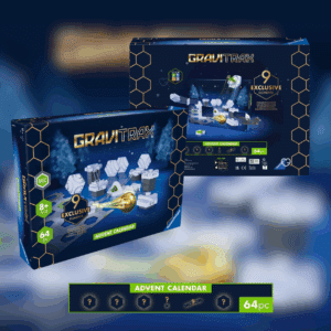 Calendrier de l’Avent Gravitrax 2025 Ravensburger avec 64 pièces dont une bille dorée et virages spéciaux, idéal pour enfants créatifs 8-12 ans.