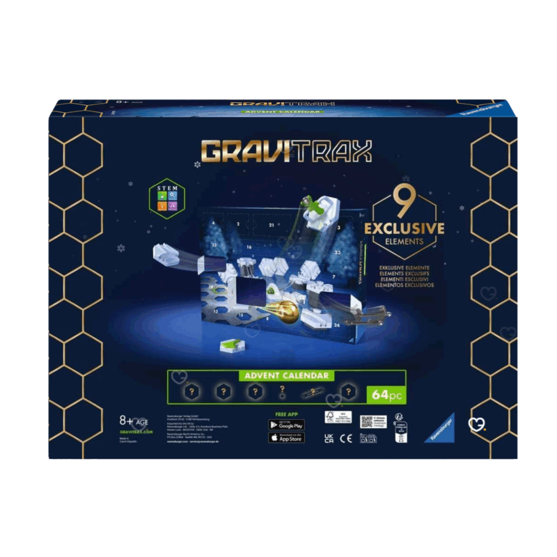 Calendrier de l’Avent Gravitrax 2025 Ravensburger avec 64 pièces dont une bille dorée et virages spéciaux, idéal pour enfants créatifs 8-12 ans.