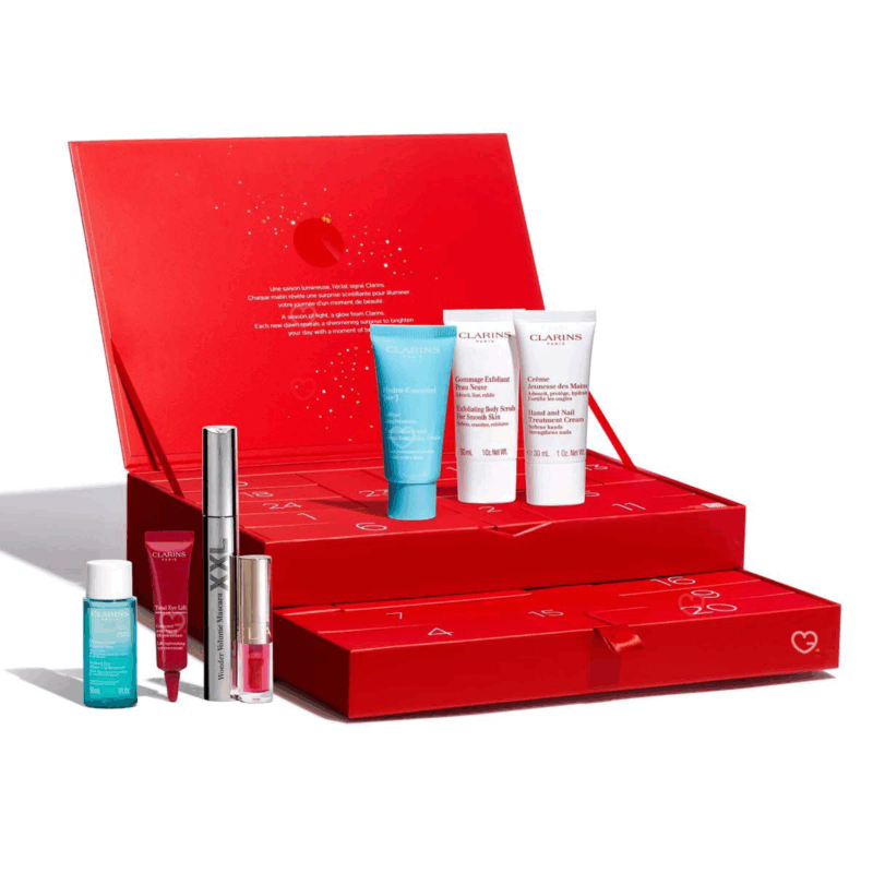 Calendrier de l’Avent Clarins 2025 contenant 24 produits de beauté soins visage, corps et maquillage, coffret cadeau beauté pour femme