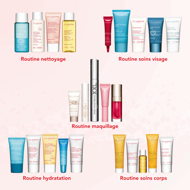 Calendrier de l’Avent Clarins 2025 contenant 24 produits de beauté soins visage, corps et maquillage, coffret cadeau beauté pour femme