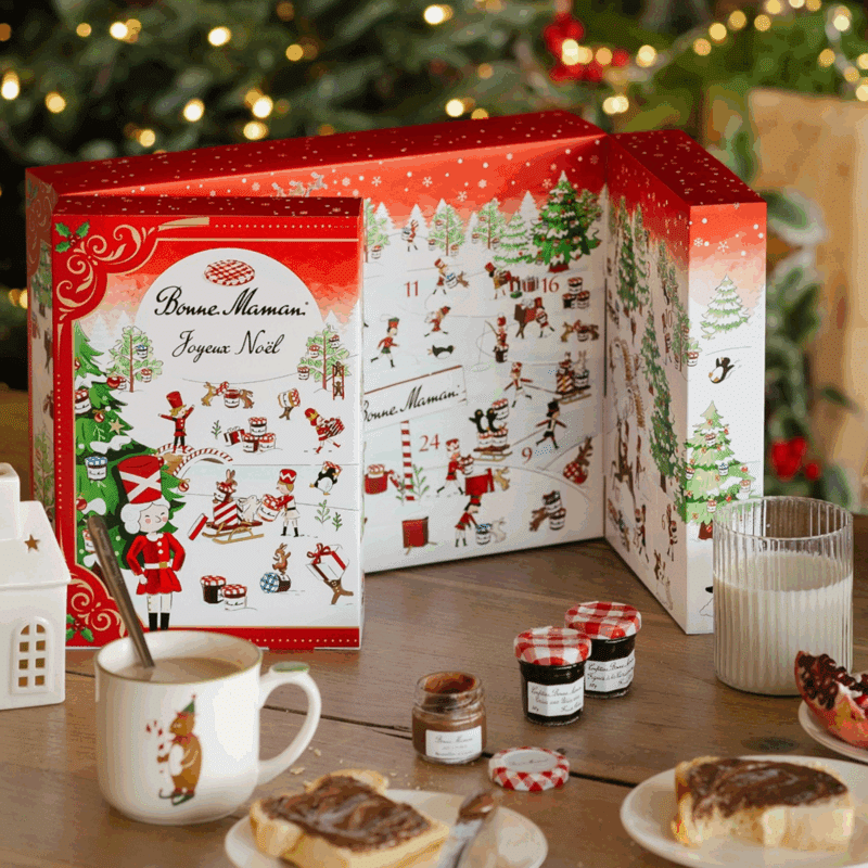 Calendrier de l’Avent Bonne maman 2025 avec 23 confitures, caramels et pâtes à tartiner exclusifs, surprise de Noël une décompte gourmand