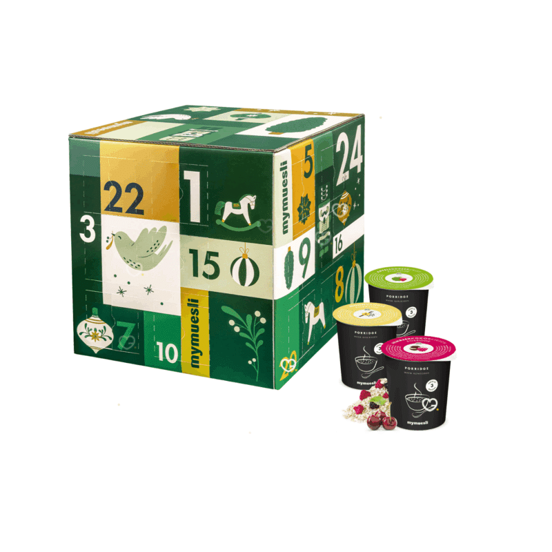 Calendrier de l’Avent mymuesli 2025 Spécial Porridge avec 24 porridges bio variés dont 18 exclusifs et bons cadeaux, idéal pour adulte gourmand.