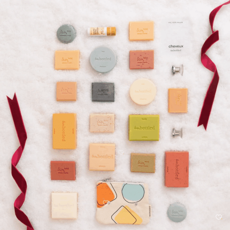 Calendrier de l’Avent Unbottled 2025 avec 24 soins solides visage, corps et cheveux zéro déchet, coffret beauté naturel pour femme écoresponsable