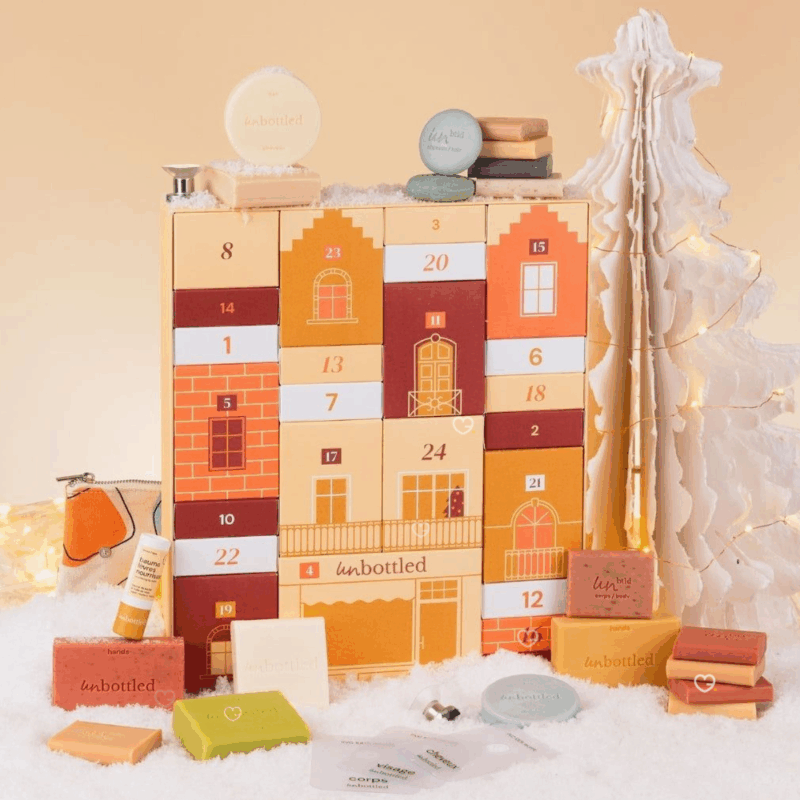 Calendrier de l’Avent Unbottled 2025 avec 24 soins solides visage, corps et cheveux zéro déchet, coffret beauté naturel pour femme écoresponsable