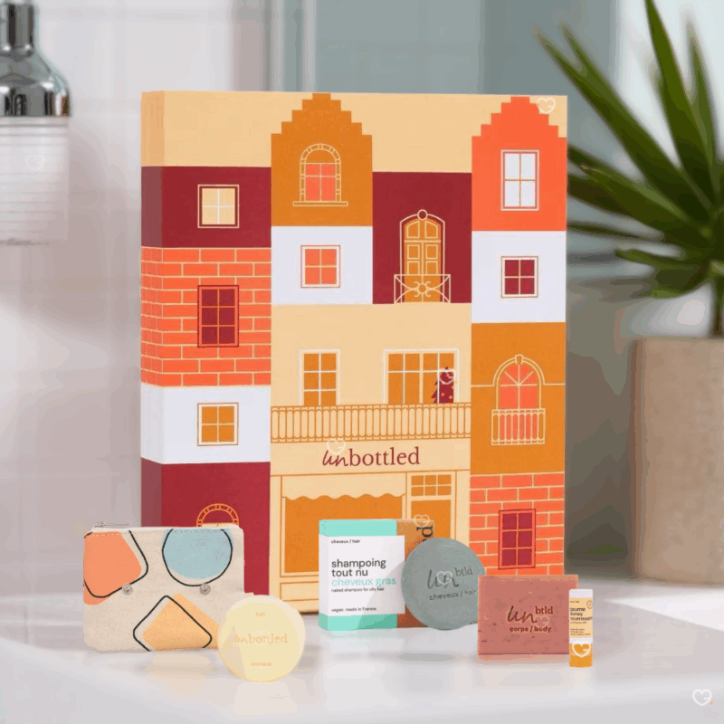 Calendrier de l’Avent Unbottled 2025 avec 24 soins solides visage, corps et cheveux zéro déchet, coffret beauté naturel pour femme écoresponsable