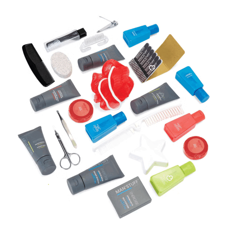 Calendrier de l’Avent Man'Stuff 2025 avec 24 soins masculins : savons, baume musculaire et brosse de voyage, idéal pour homme actif.