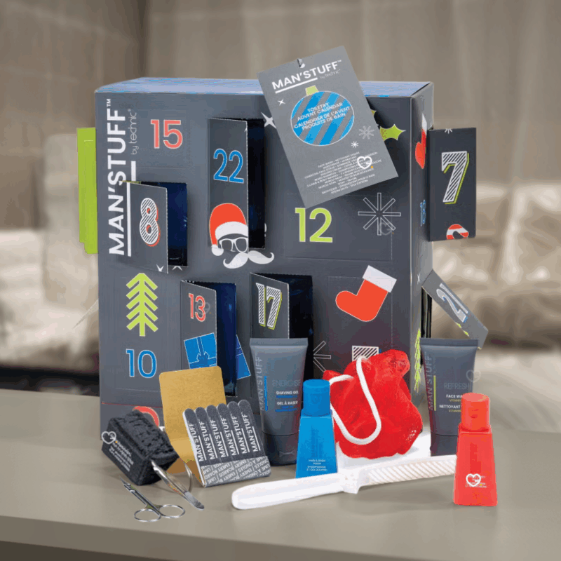 Calendrier de l’Avent Man'Stuff 2025 avec 24 soins masculins : savons, baume musculaire et brosse de voyage, idéal pour homme actif.