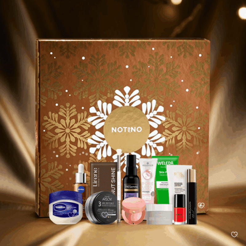 Calendrier de l’Avent Notino 2025 pour femme, coffret beauté multimarque élégant avec 24 soins visage, maquillage, parfums et produits cheveux.
