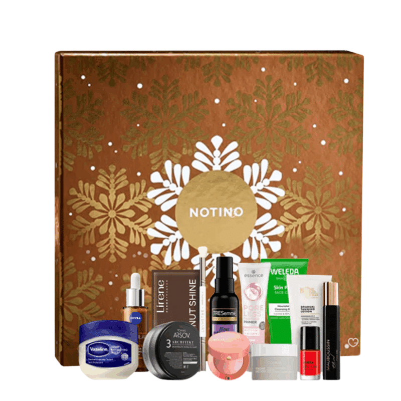Calendrier de l’Avent Notino 2025 pour femme, coffret beauté multimarque élégant avec 24 soins visage, maquillage, parfums et produits cheveux.