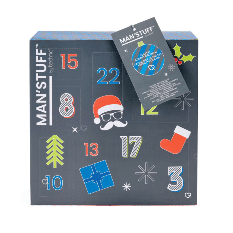 Calendrier de l’Avent Man'Stuff 2025 avec 24 soins masculins : savons, baume musculaire et brosse de voyage, idéal pour homme actif.