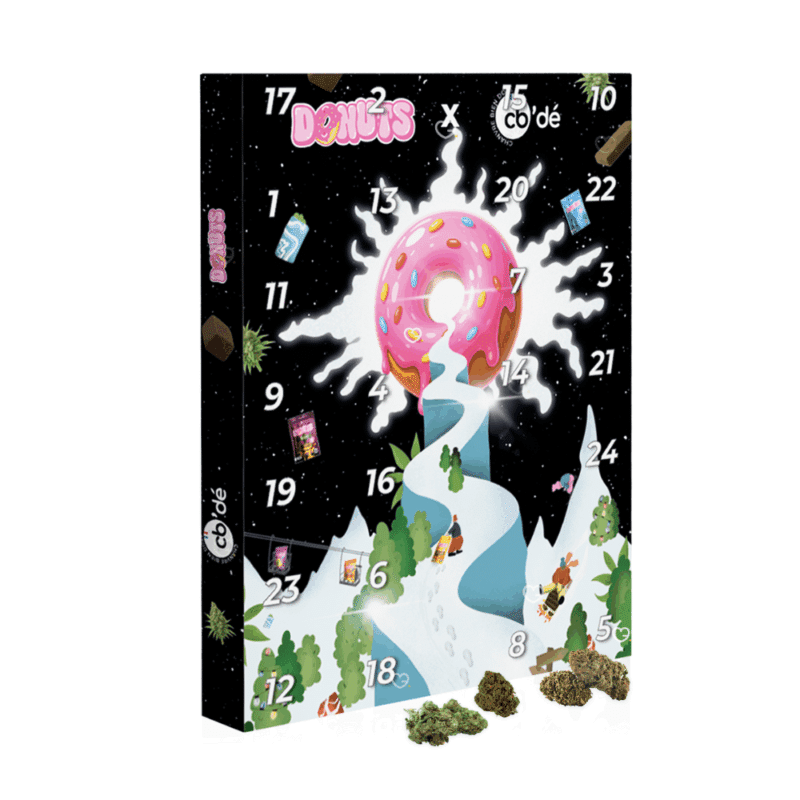 Calendrier de l’Avent CBD 2025 contenant 25 fleurs et résines et 4 surprises CB'Dé, pour adulte amateur de détente et bien-être.