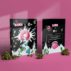 A relaxed and cool packshot of a CBD box filled with flowers and resins, subtly blurred, sits on a low table in a dimly lit ambiance. Above, the words "17 Deals" are prominently displayed, alongside "Co'de" and "10 Co'de". Below, a vibrant pink donut with white frosting is centered, surrounded by a swirling effect and various numbers like "1, " "11, " "13, " and "14" scattered around it. The composition is playfully arranged with green foliage and cannabis buds at the bottom, creating a festive and appealing visual.