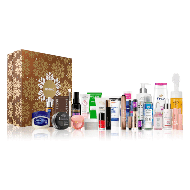 Calendrier de l’Avent Notino 2025 pour femme, coffret beauté multimarque élégant avec 24 soins visage, maquillage, parfums et produits cheveux.