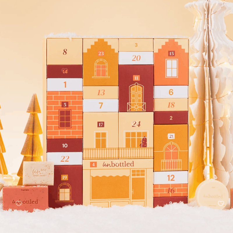 Calendrier de l’Avent Unbottled 2025 avec 24 soins solides visage, corps et cheveux zéro déchet, coffret beauté naturel pour femme écoresponsable