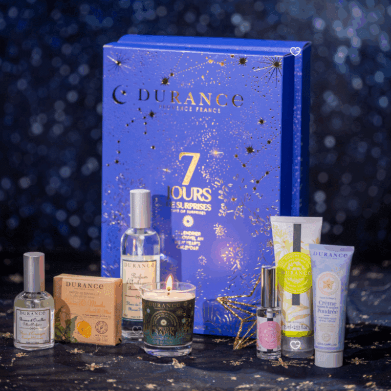 calendrier de l'après durance contenant 7 jours parfumés avec des bougie, parfum, savon..