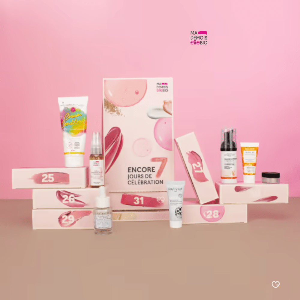 calendrier de l'après mademoiselle bio 2025 contenant 7 produits soins visage, maquillage et cheveux