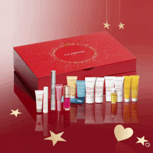 Calendrier de l’Avent Clarins 2025 contenant 24 produits de beauté soins visage, corps et maquillage, coffret cadeau beauté pour femme