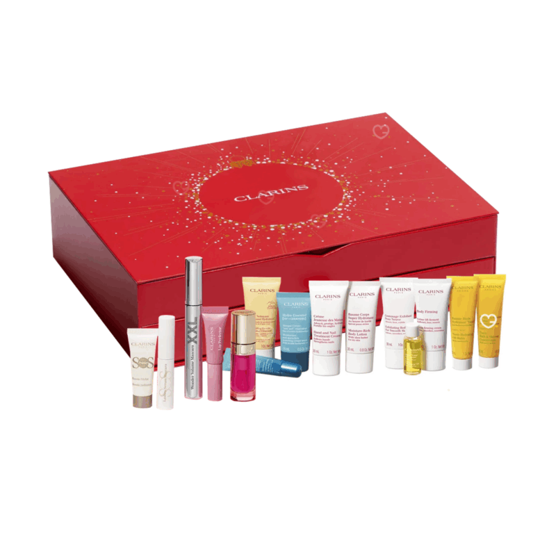 Calendrier de l’Avent Clarins 2025 contenant 24 produits de beauté soins visage, corps et maquillage, coffret cadeau beauté pour femme