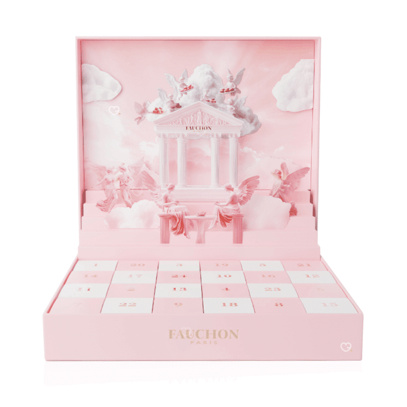 Coffret chocolat illustré Calendrier de l’Avent Fauchon 2025 contenant 24 chocolats et confiseries artisanales, packaging rosé pop-up luxueux et design pour gourmand