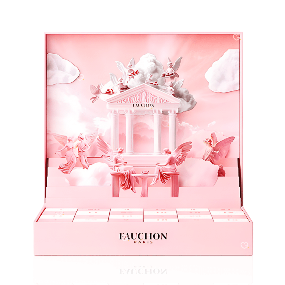 Coffret chocolat illustré Calendrier de l’Avent Fauchon 2025 contenant 24 chocolats et confiseries artisanales, packaging rosé pop-up luxueux et design pour gourmand
