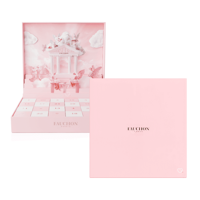 Coffret chocolat illustré Calendrier de l’Avent Fauchon 2025 contenant 24 chocolats et confiseries artisanales, packaging rosé pop-up luxueux et design pour gourmand