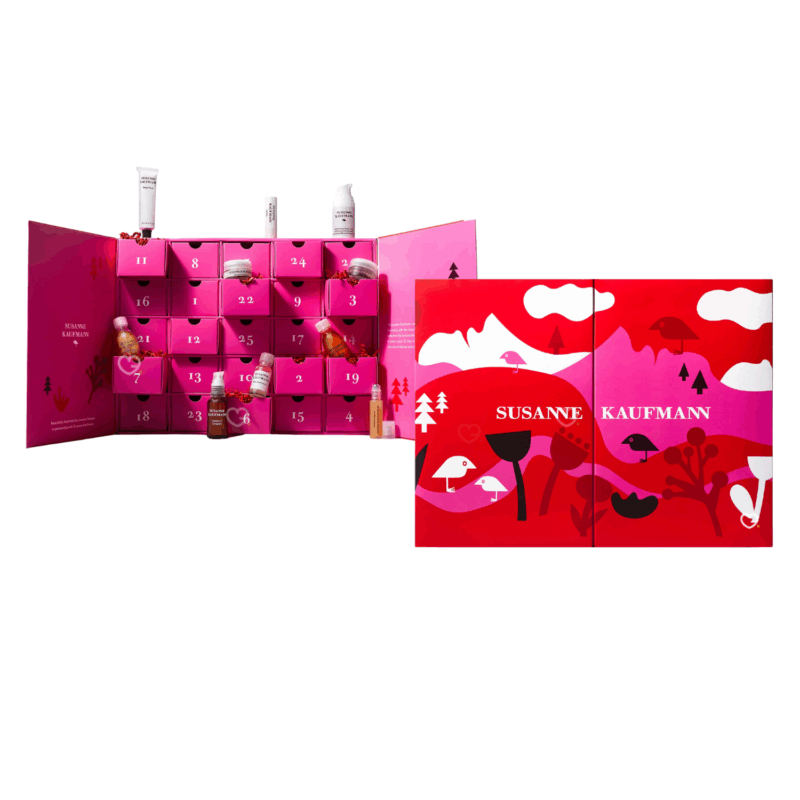Calendrier de l’Avent Susanne Kaufmann 2025 en coffret luxe contenant 25 soins visage, corps et bain naturels pour femmes en quête de bien-être raffiné.