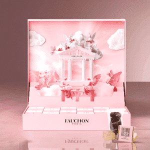 Coffret chocolat illustré Calendrier de l’Avent Fauchon 2025 contenant 24 chocolats et confiseries artisanales, packaging rosé pop-up luxueux et design pour gourmand