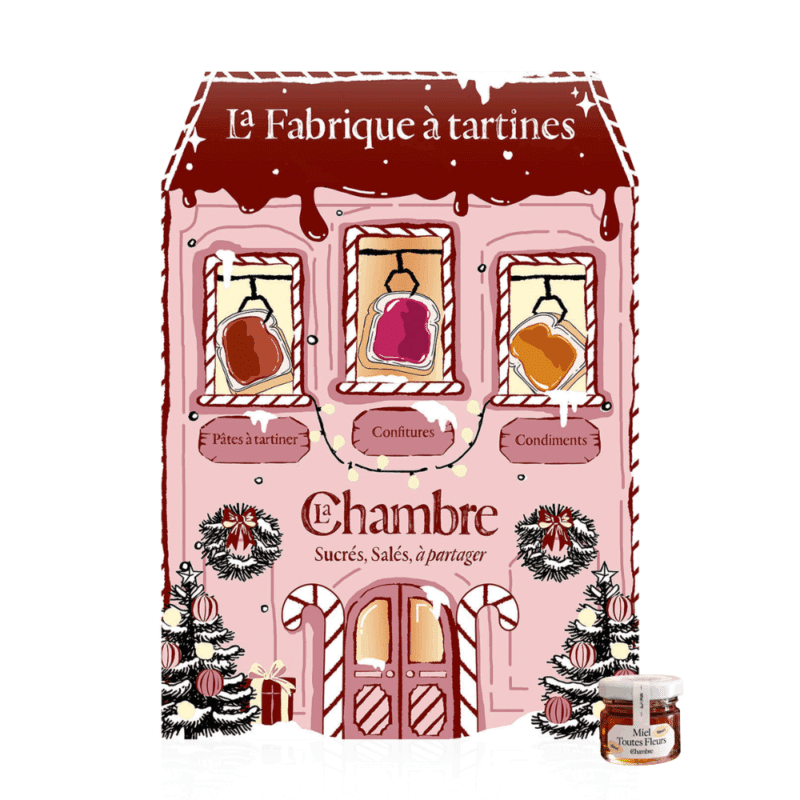 Calendrier de l’Avent La Chambre aux confitures 2025 avec 24 pots gourmands de confitures, miels et condiments pour amateurs de douceurs artisanales.