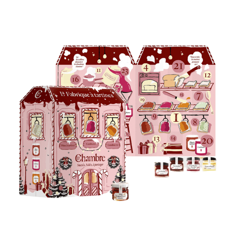 Calendrier de l’Avent La Chambre aux confitures 2025 avec 24 pots gourmands de confitures, miels et condiments pour amateurs de douceurs artisanales.