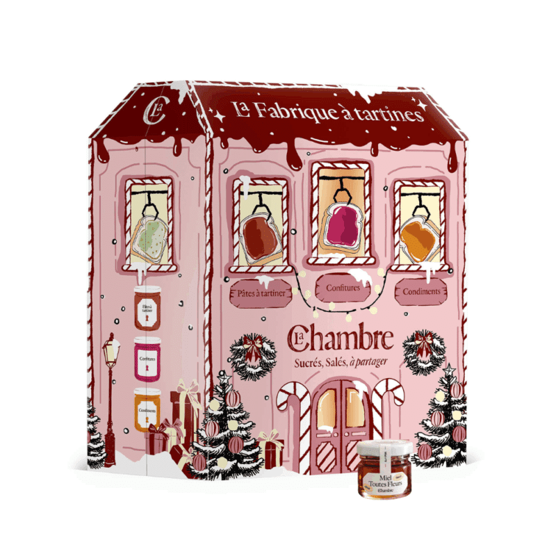Calendrier de l’Avent La Chambre aux confitures 2025 avec 24 pots gourmands de confitures, miels et condiments pour amateurs de douceurs artisanales.