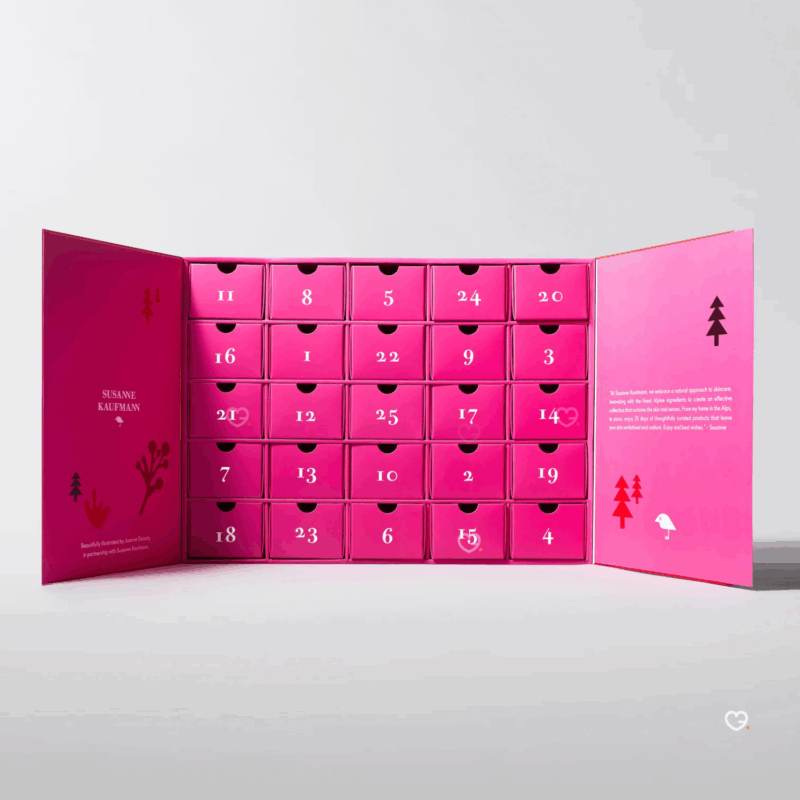Calendrier de l’Avent Susanne Kaufmann 2025 en coffret luxe contenant 25 soins visage, corps et bain naturels pour femmes en quête de bien-être raffiné.