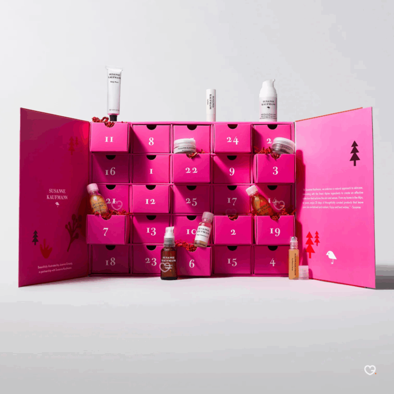 Calendrier de l’Avent Susanne Kaufmann 2025 en coffret luxe contenant 25 soins visage, corps et bain naturels pour femmes en quête de bien-être raffiné.