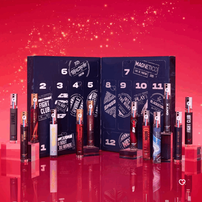 coffret beauté bleu calendrier de l'avent adopt homme 2025 avec 12 parfums pour la gente masculine