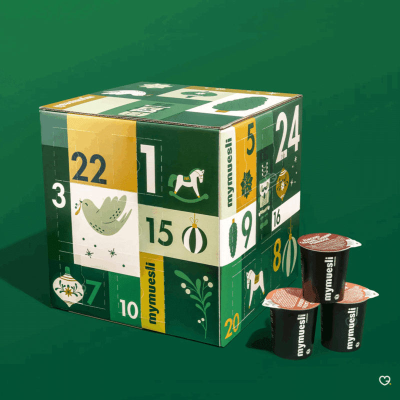 Calendrier de l’Avent mymuesli 2025 Spécial Porridge avec 24 porridges bio variés dont 18 exclusifs et bons cadeaux, idéal pour adulte gourmand.