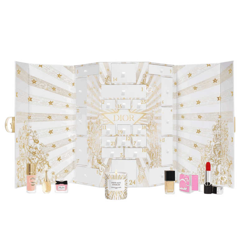 Calendrier de l’Avent Dior 2025 en coffret luxueux avec 24 miniatures exclusives : parfums, maquillage, soins et bougie parfumée pour amateurs de beauté haut de gamme et femme