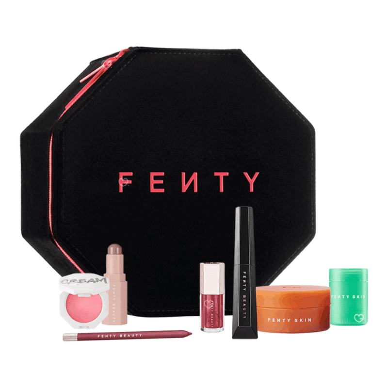 Calendrier de l’Avent Fenty Beauty 2025 contenant 12 produits beauté : maquillage et soins Fenty Skin, coffret makeup noir élégant pour femme